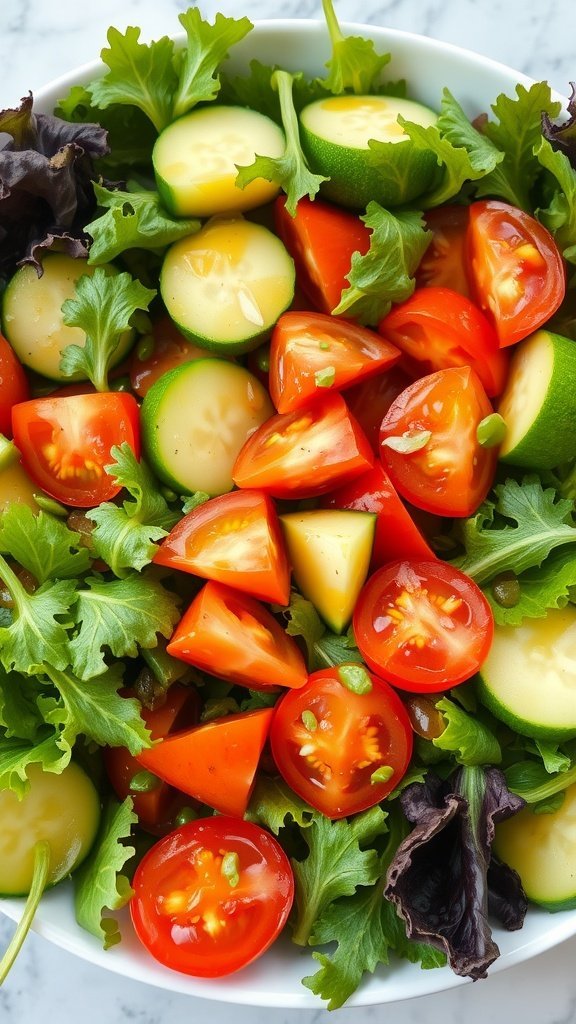 A colorful fresh garden salad with tomatoes, cucumbers, and greens in a bowl.