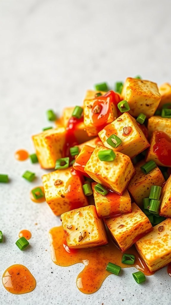 A plate of crispy fried tofu cubes drizzled with spicy garlic sauce and garnished with green onions.