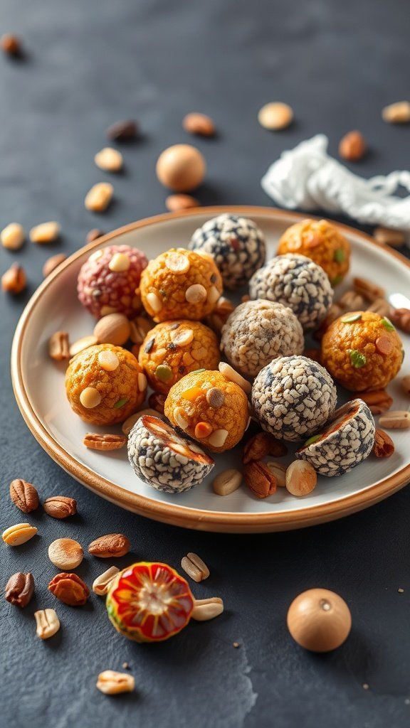 A plate of colorful fruit and nut energy balls surrounded by nuts and seeds.