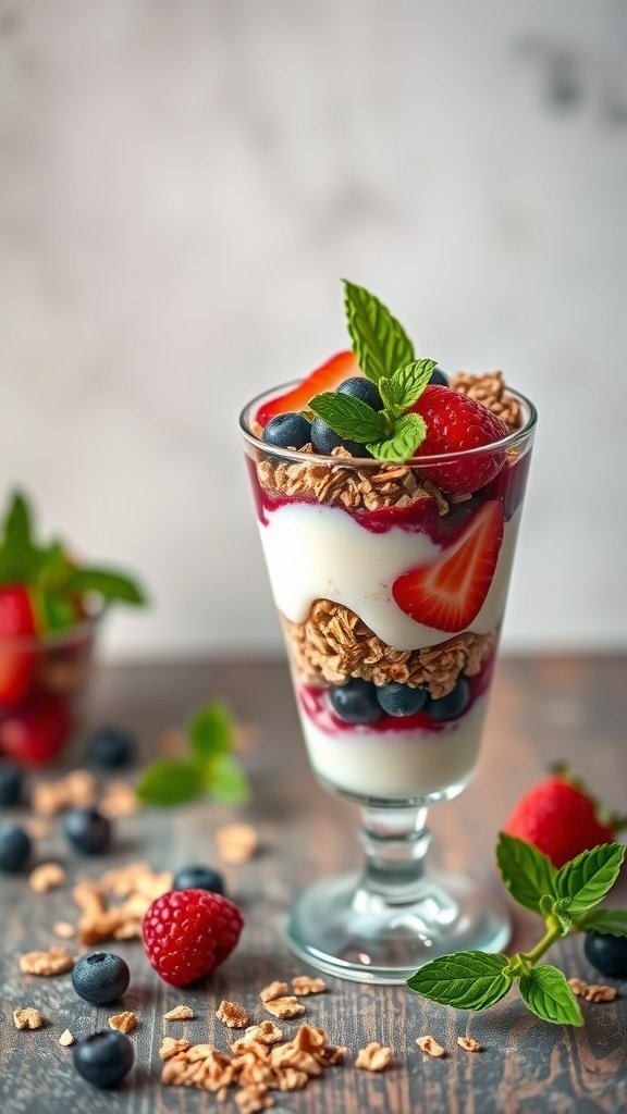 A delicious fruit and yogurt parfait with berries and granola in a glass