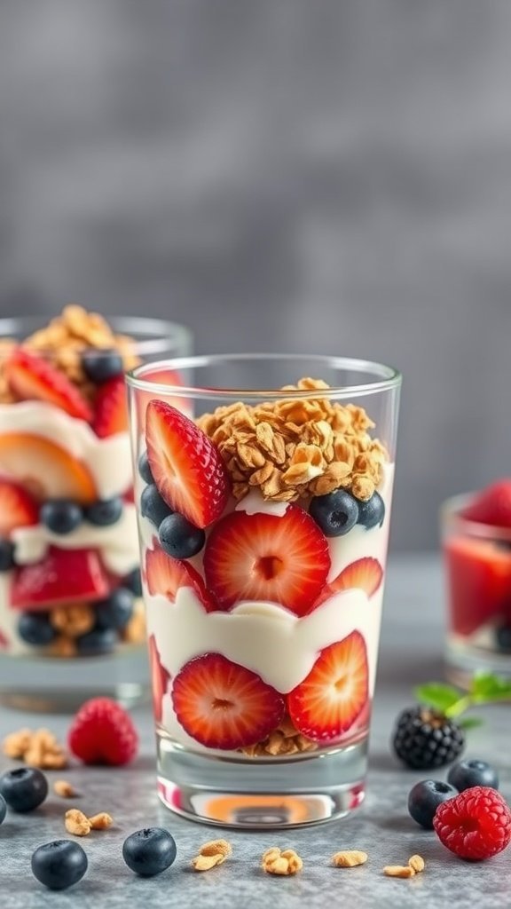 A colorful display of fruit and yogurt parfaits with layers of strawberries, blueberries, and granola.