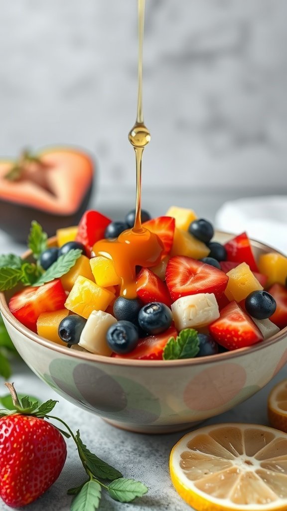 A colorful bowl of fruit salad topped with honey and lime dressing.