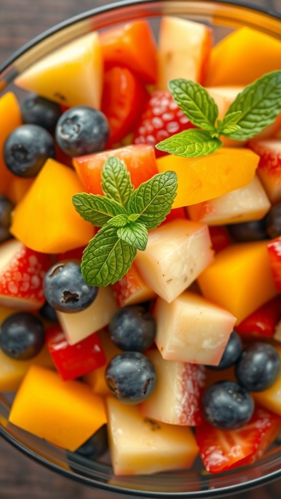 A colorful fruit salad with strawberries, mango, blueberries, and red bell pepper garnished with mint leaves