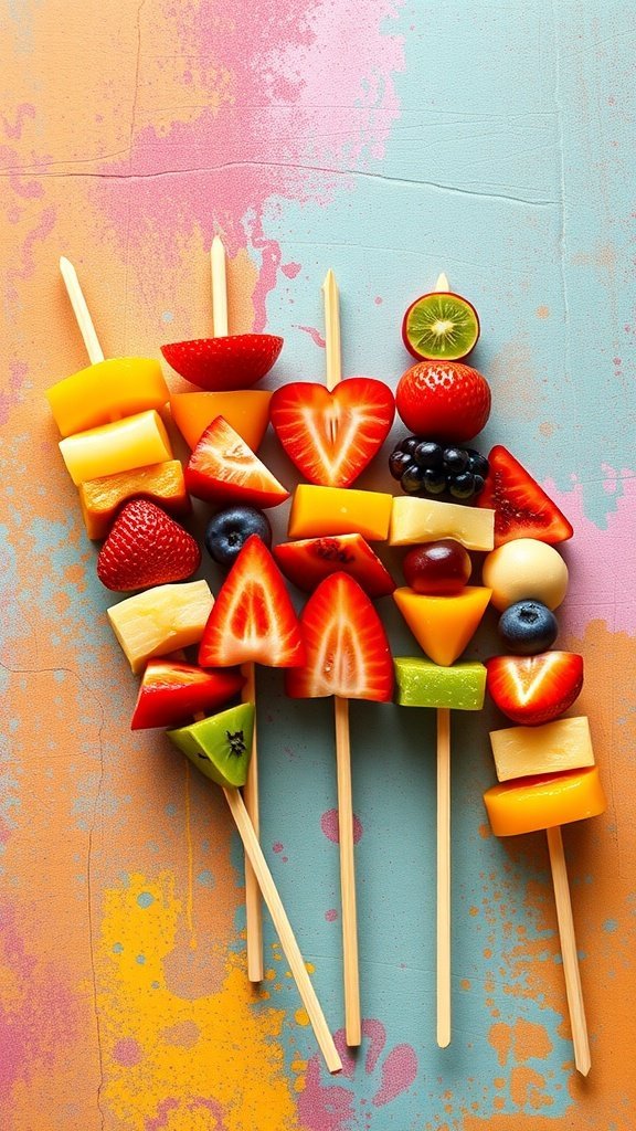 Colorful fruit skewers with various fruits on wooden sticks