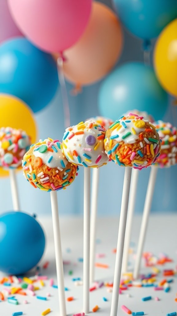 Colorful funfetti cake pops with sprinkles and balloons in the background