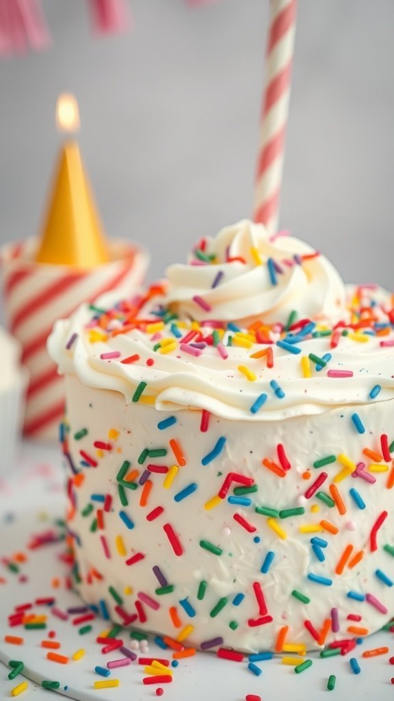 A funfetti birthday cake topped with whipped cream and colorful sprinkles, with a party hat in the background.