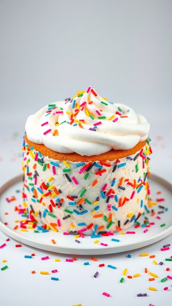 A funfetti birthday cake with whipped cream and colorful sprinkles on top.
