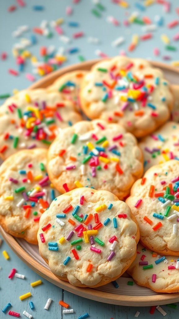 A plate of funfetti cookies topped with colorful sprinkles.
