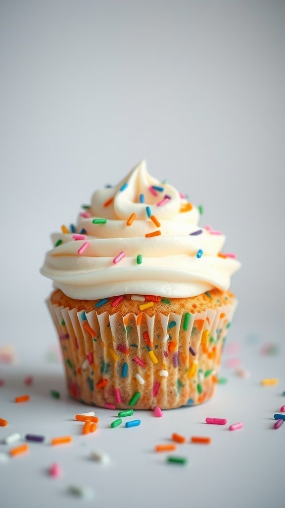 A funfetti cupcake topped with white frosting and colorful sprinkles.