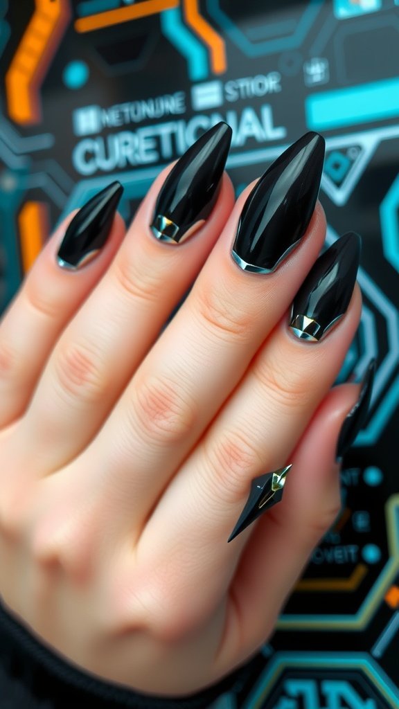 Futuristic black nails with sharp metallic accents