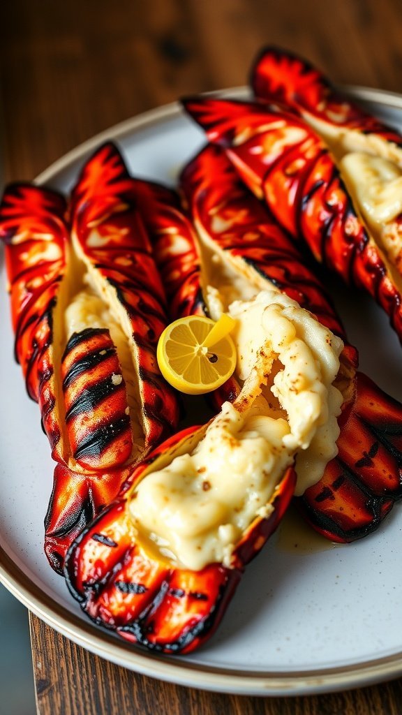 Grilled lobster tails with garlic butter and lemon slice on a plate.