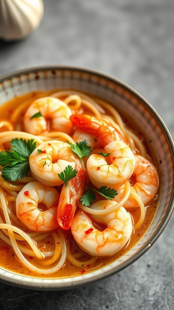 A bowl of garlic butter shrimp ramen topped with cilantro, featuring shrimp and noodles in a rich broth.