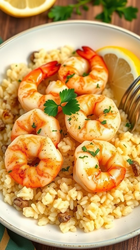 A bowl of garlic butter shrimp served over lemon rice with a slice of lemon on the side.