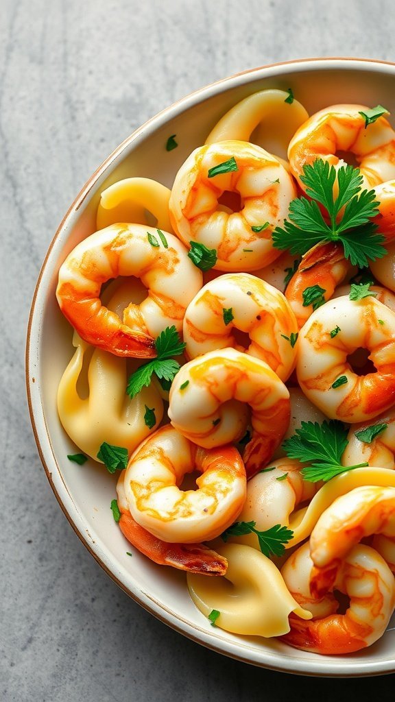 A bowl of garlic butter tortellini with shrimp garnished with parsley