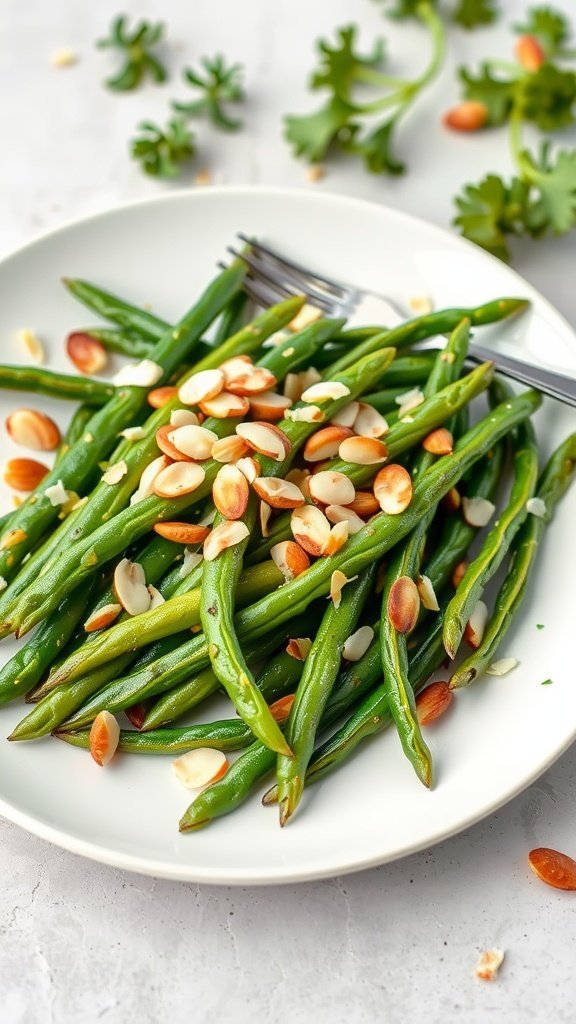 A plate of garlic green beans almondine topped with slivered almonds and fresh herbs.