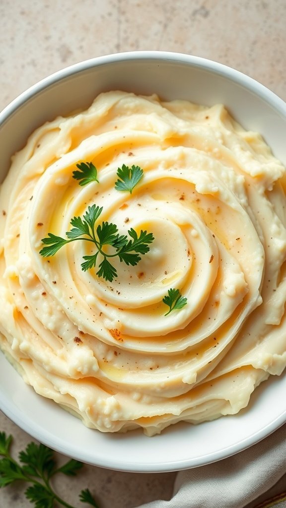 A bowl of creamy garlic mashed potatoes topped with parsley.