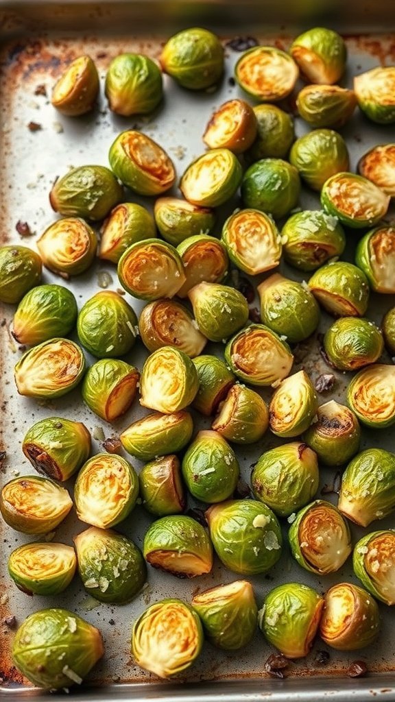 A tray of roasted Brussels sprouts, golden and crispy, ready to serve.