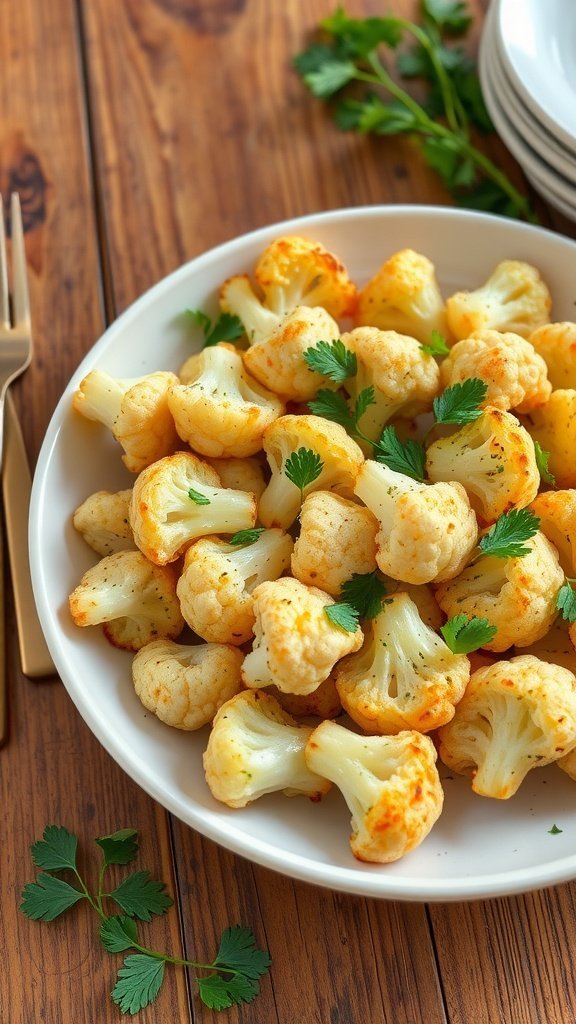 A bowl of golden garlic Parmesan roasted cauliflower garnished with parsley on a wooden table.
