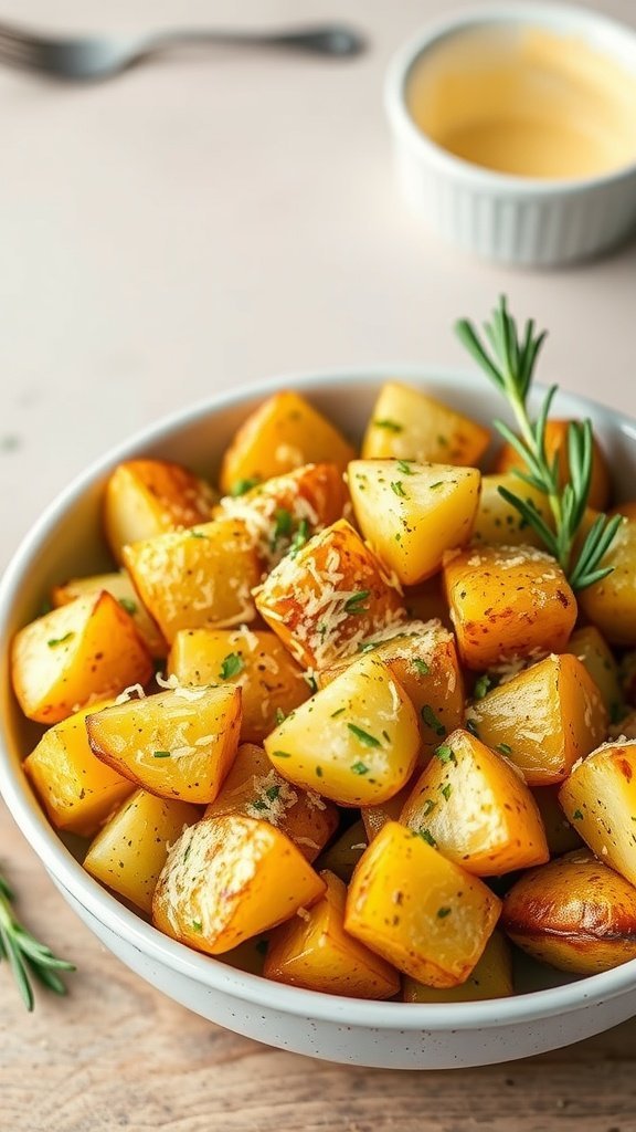 A bowl of garlic Parmesan roasted potatoes garnished with herbs.