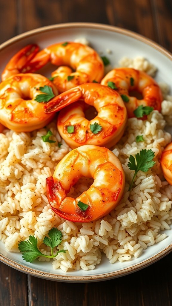 Plate of garlic Parmesan shrimp on rice pilaf garnished with fresh herbs