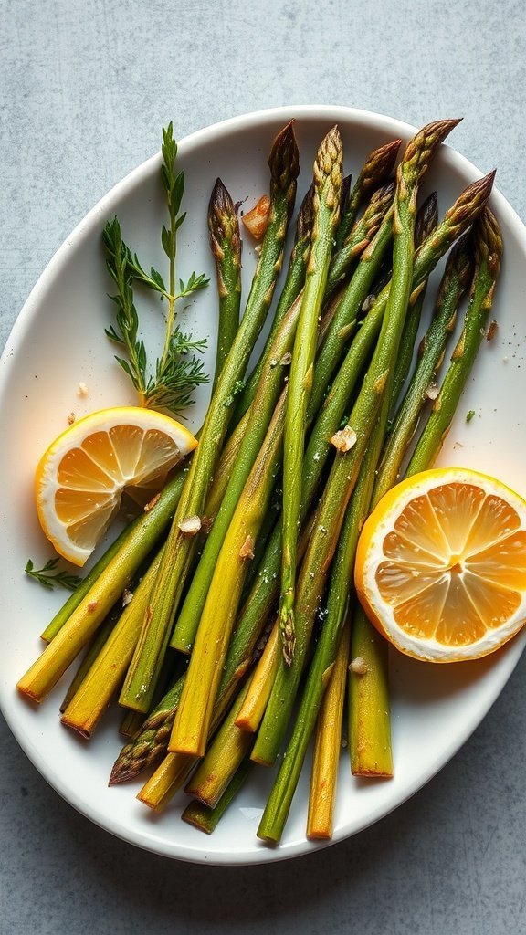 A plate of garlic roasted asparagus with lemon slices and herbs.