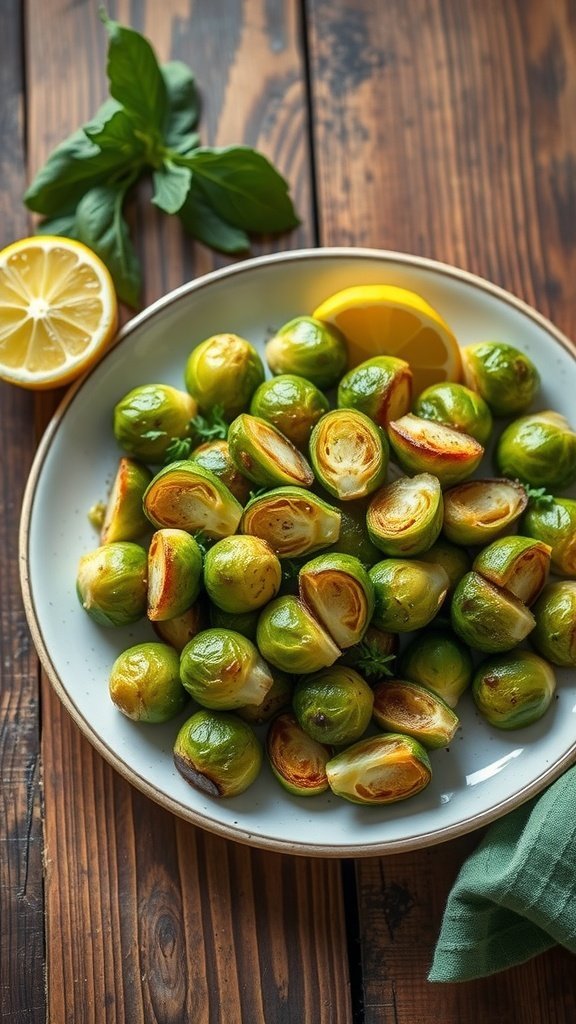 A plate of garlic roasted Brussels sprouts garnished with lemon and basil.
