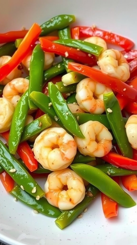 A colorful dish of garlic shrimp with snow peas and bell peppers.