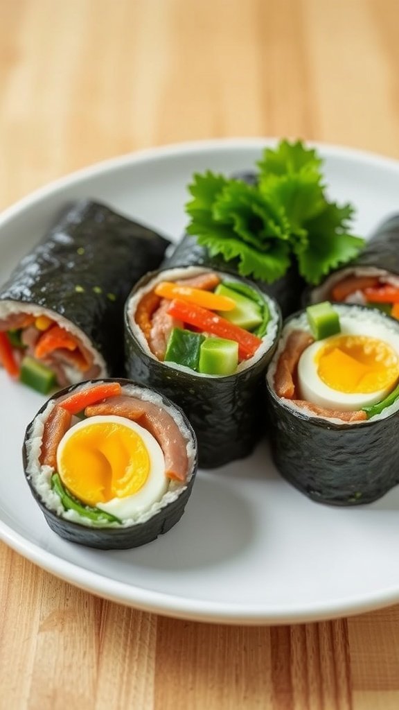 A plate of sliced gimbap rolls with vegetables and egg, garnished with green leaves