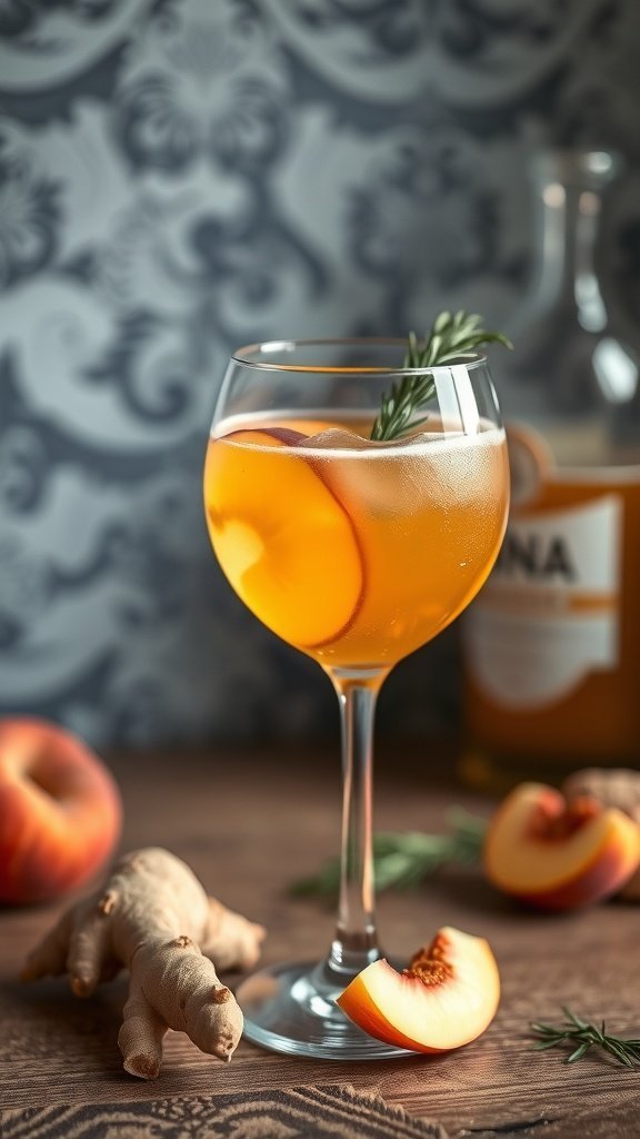 A Ginger Peach Bellini in a tall glass with a peach slice and ginger root beside it.