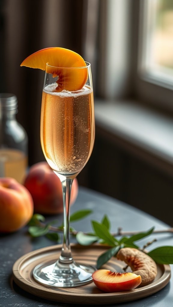 A Ginger Peach Bellini in a glass, garnished with a peach slice, surrounded by fresh peaches.
