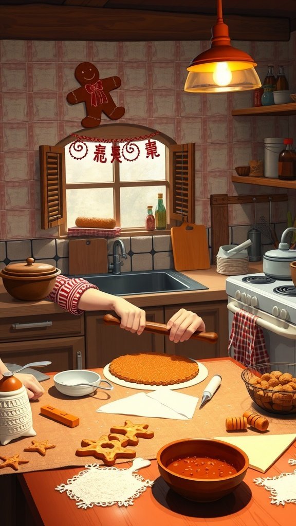 A cozy kitchen scene with gingerbread cookie dough being rolled out, various cookie shapes on the table, and holiday decorations in the background.