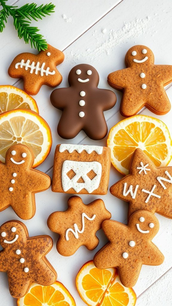 An assortment of gingerbread cookies shaped like people and decorations, with slices of orange and a sprig of greenery.