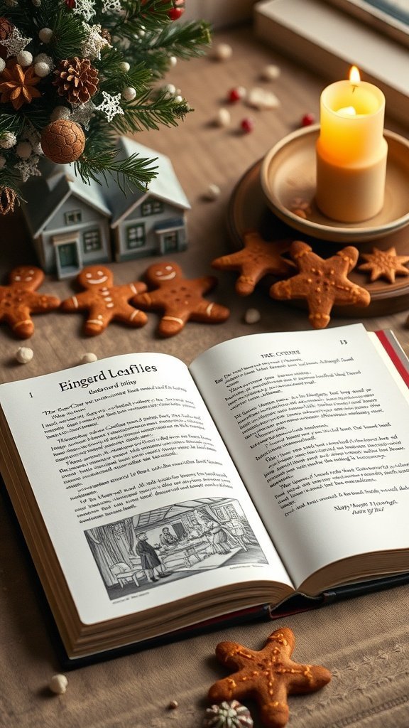 A cozy scene with gingerbread cookies, a candle, and an open book on a table