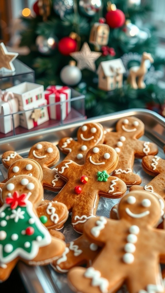 A tray of decorated gingerbread men cookies with a Christmas tree in the background.