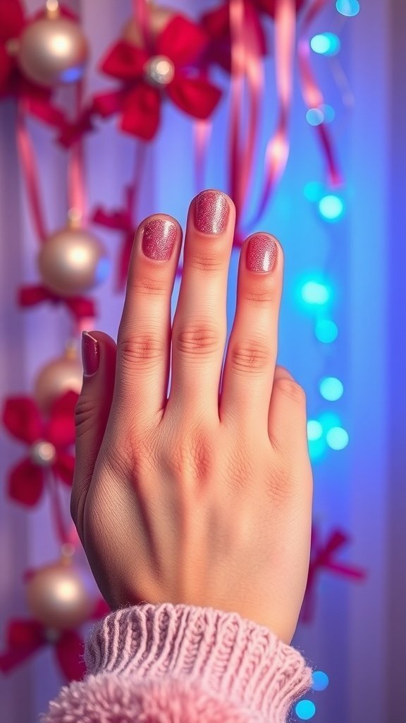 A hand showing glittery pink accent nails with a cozy sweater in a festive background.