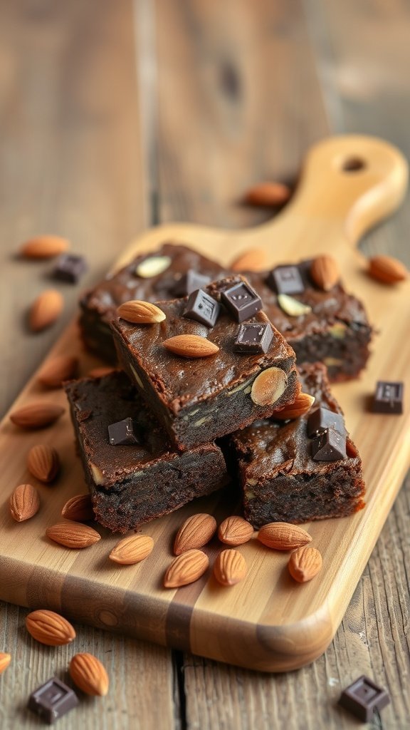 A close-up of gluten-free almond flour brownies on a wooden cutting board, topped with chocolate chunks and surrounded by almonds.