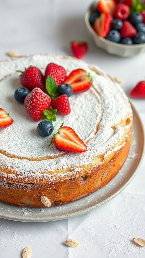 A gluten-free almond flour cake topped with strawberries, blueberries, and powdered sugar, served on a plate.