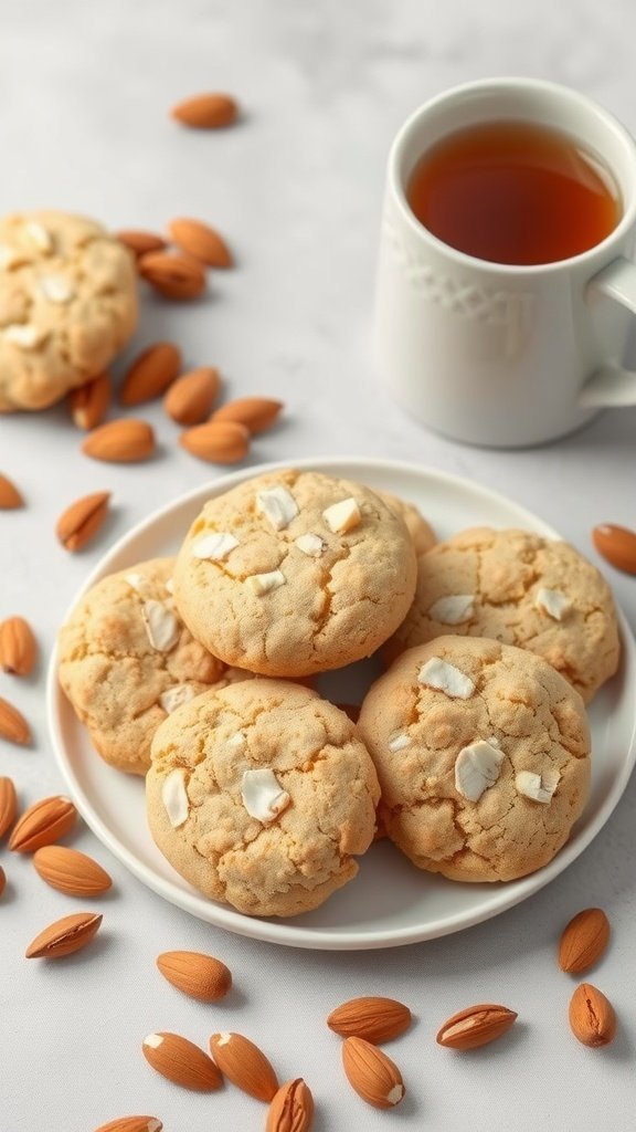 A plate of almond flour cookies next to a cup of tea and scattered almonds.