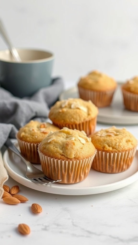 A plate of gluten-free almond flour muffins with sliced almonds on top, accompanied by a cup and napkin.