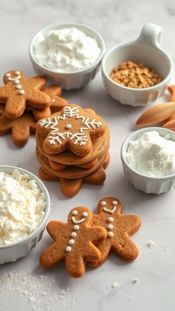 A display of gingerbread cookies in various shapes, along with whipped cream and decorative toppings.