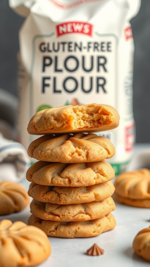 A stack of gluten-free peanut butter cookies with a bag of gluten-free flour in the background.