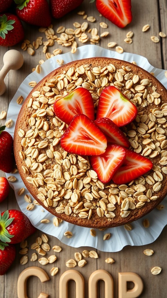 A delicious gluten-free strawberry oat cake topped with fresh strawberries and oats, surrounded by whole strawberries and oats.