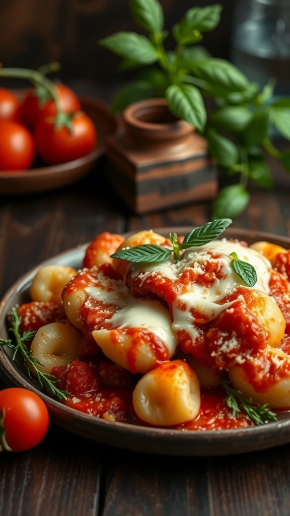 A plate of Gnocchi alla Sorrentina topped with tomato sauce and mozzarella cheese, garnished with fresh basil.