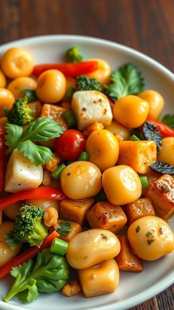 A colorful plate of gnocchi stir-fried with tofu and various vegetables
