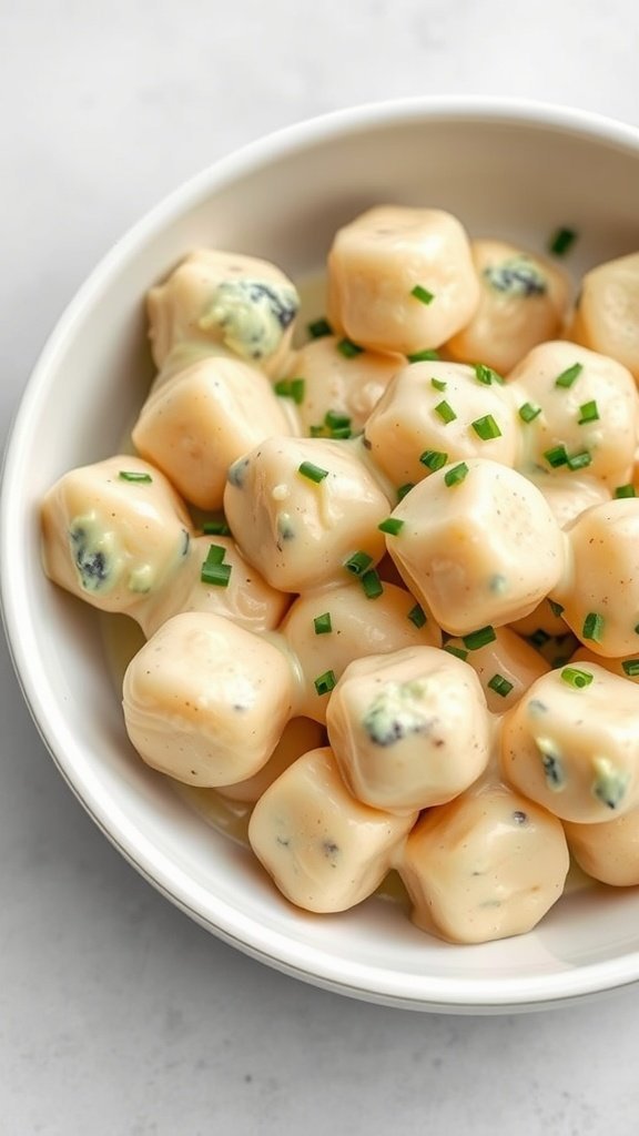 A bowl of gnocchi in a creamy blue cheese sauce, garnished with chives.