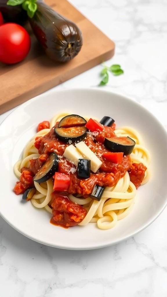 A plate of gnocchi topped with eggplant and tomato sauce, garnished with diced red bell peppers and cheese, with fresh tomatoes and an eggplant in the background.