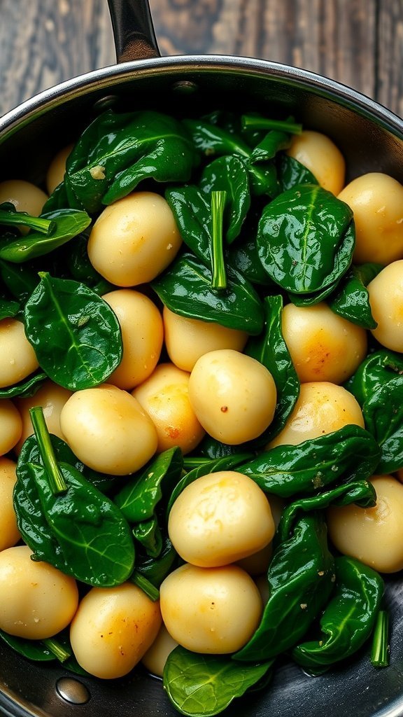 A pot filled with fresh gnocchi and green spinach leaves, showcasing a simple yet delicious meal.