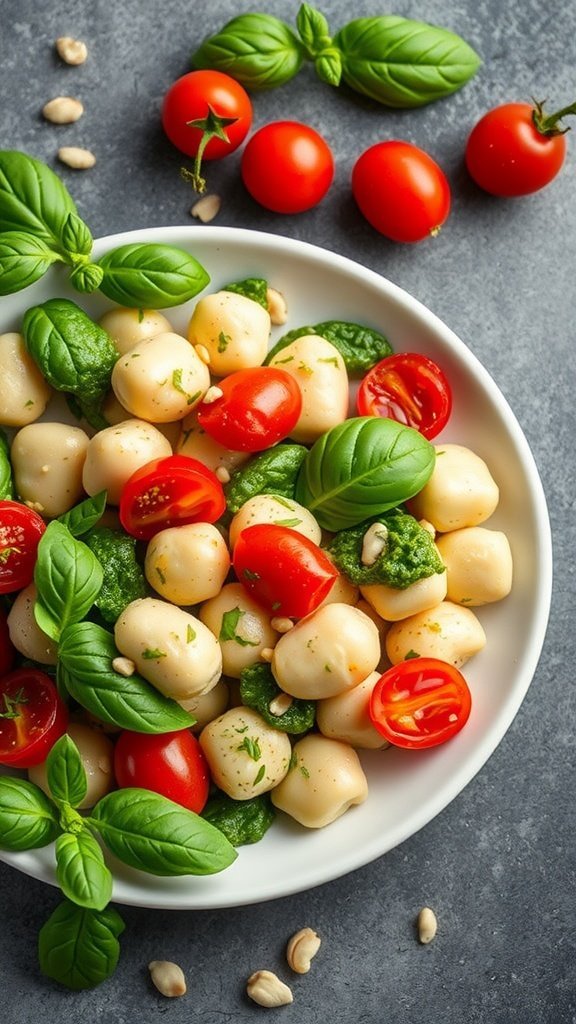 A bowl of gnocchi with pesto, cherry tomatoes, and fresh basil.