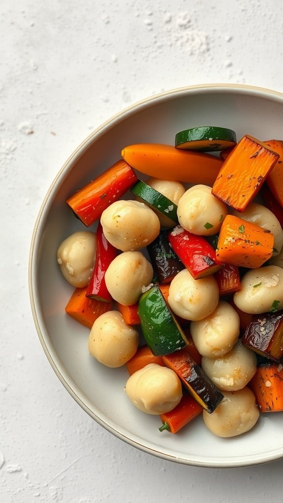 A bowl of gnocchi with roasted vegetables including carrots, bell peppers, and zucchini.