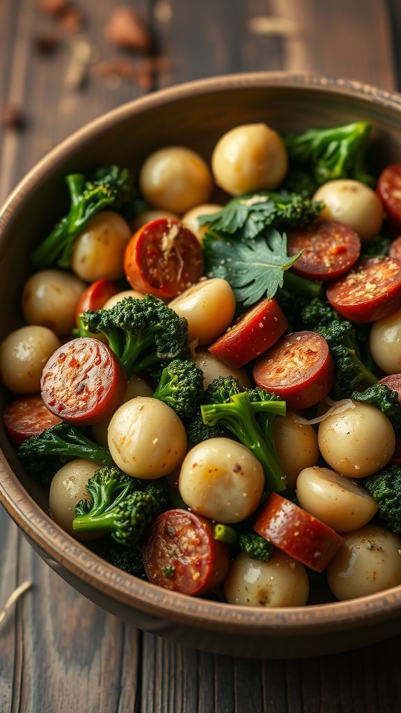 A delicious bowl of gnocchi mixed with spicy sausage and broccoli rabe, served in a wooden bowl.